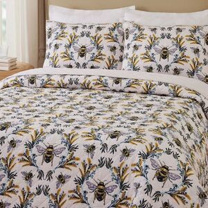 Honey Bumble Bee Cottage Core 100% Cotton Printed QUEEN Quilt Set Farmhouse Boho